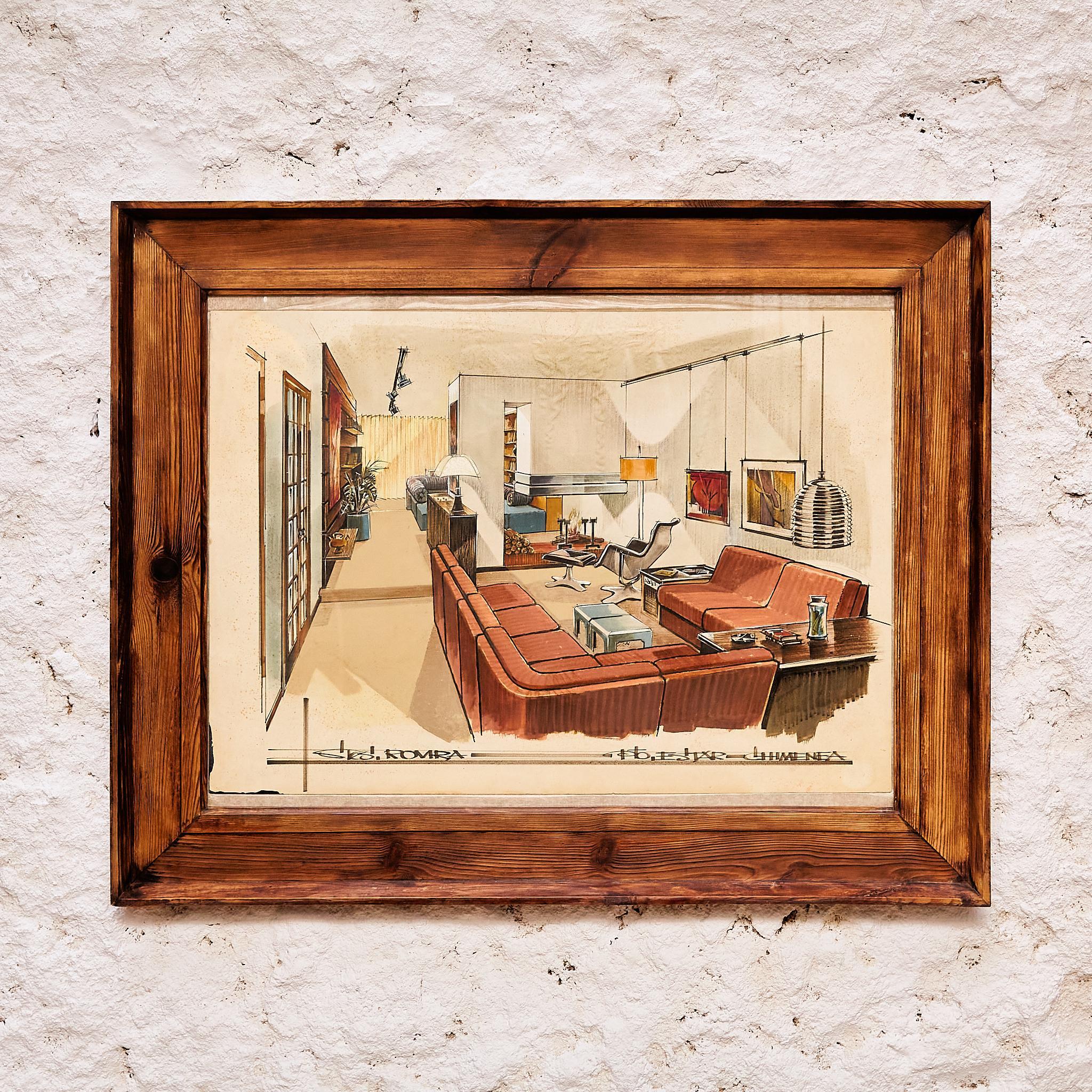Adéntrate en un mundo de nostalgia con este dibujo original para un proyecto de interiorismo de Barcelona, atribuido a Sr. Romra, hacia 1970. Enmarcada en un marco de madera, esta pieza encarna un trozo de historia, capturando la esencia de la