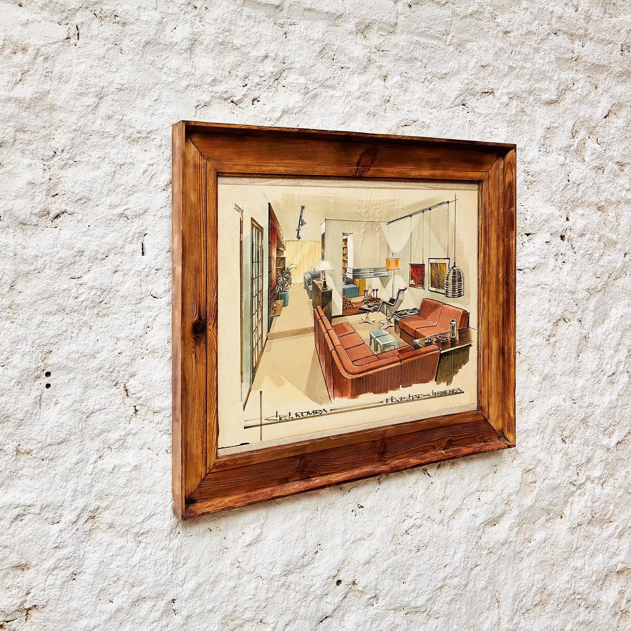 Encanto nostálgico: Dibujo interior original de 1970 - Proyecto Barcelona finales del siglo XX en venta