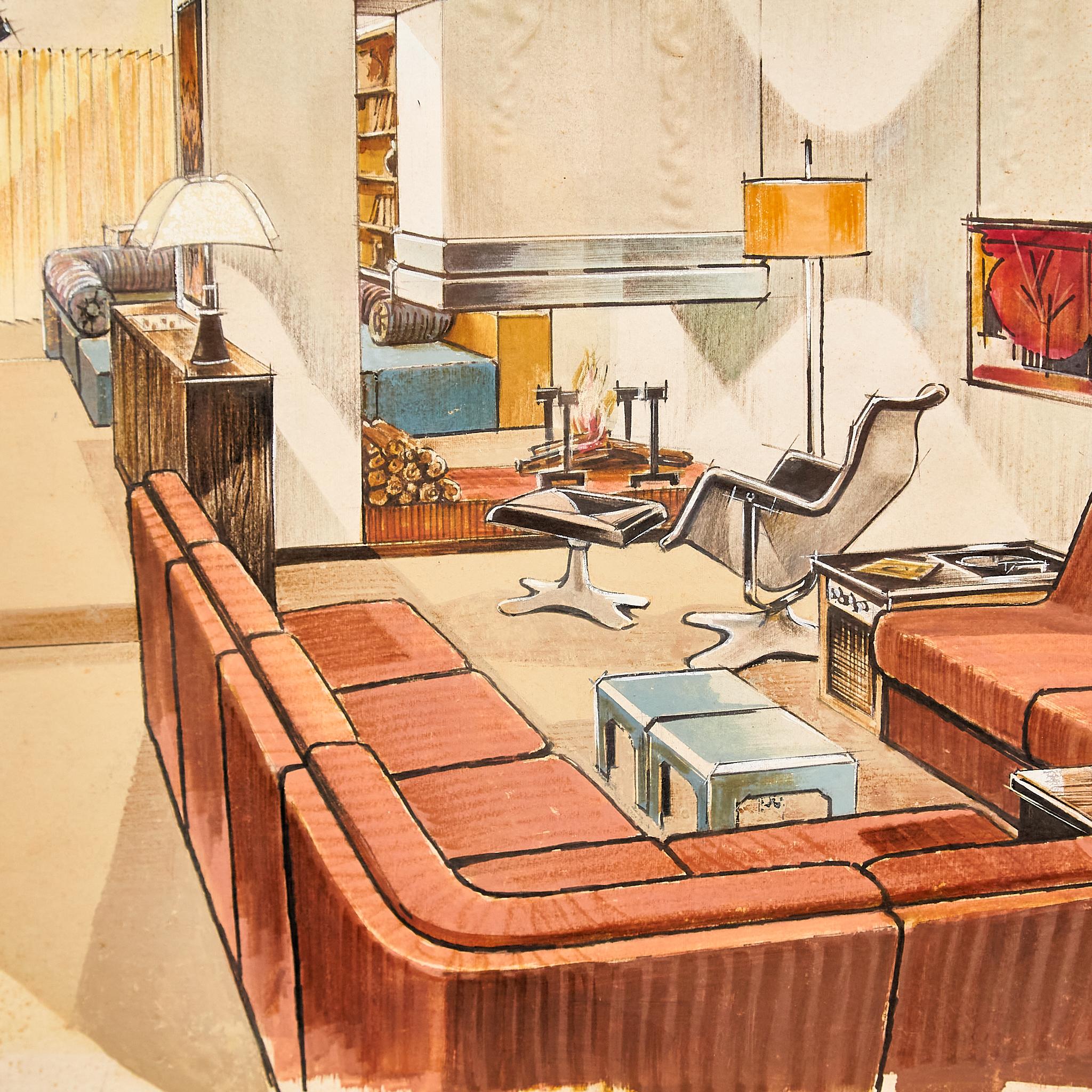 Nostalgic Charm: Original 1970 Interior Drawing - Barcelona Project For Sale 2