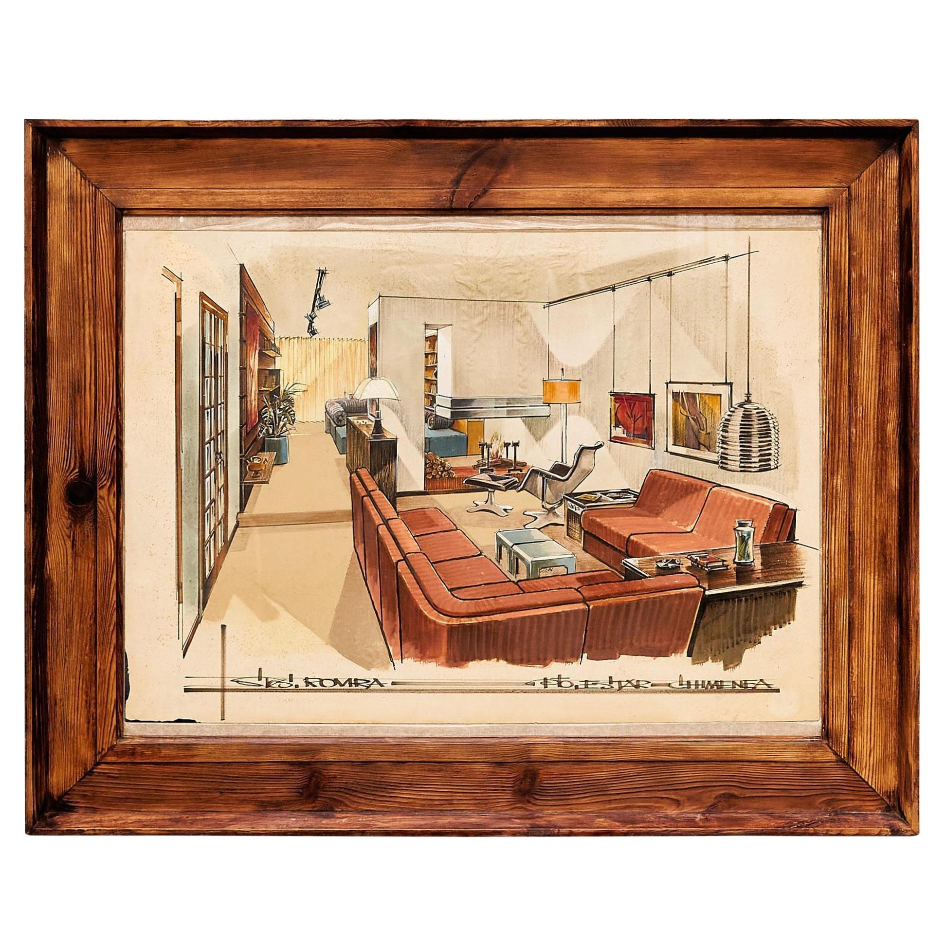 Encanto nostálgico: Dibujo interior original de 1970 - Proyecto Barcelona en venta