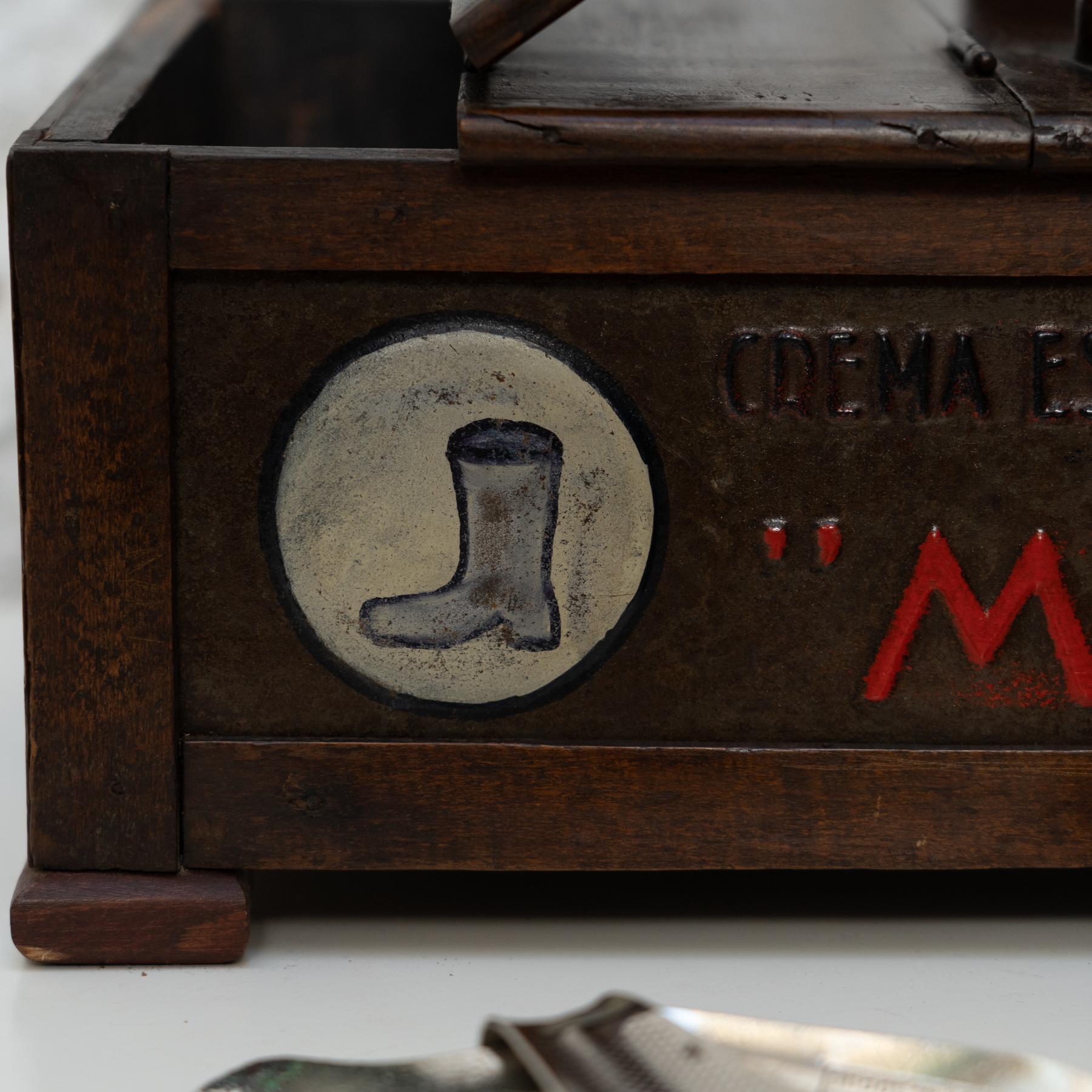 Nostalgic Craft: Hand-Painted Shoeshiner Box, Wood and Metal, c. 1930 5
