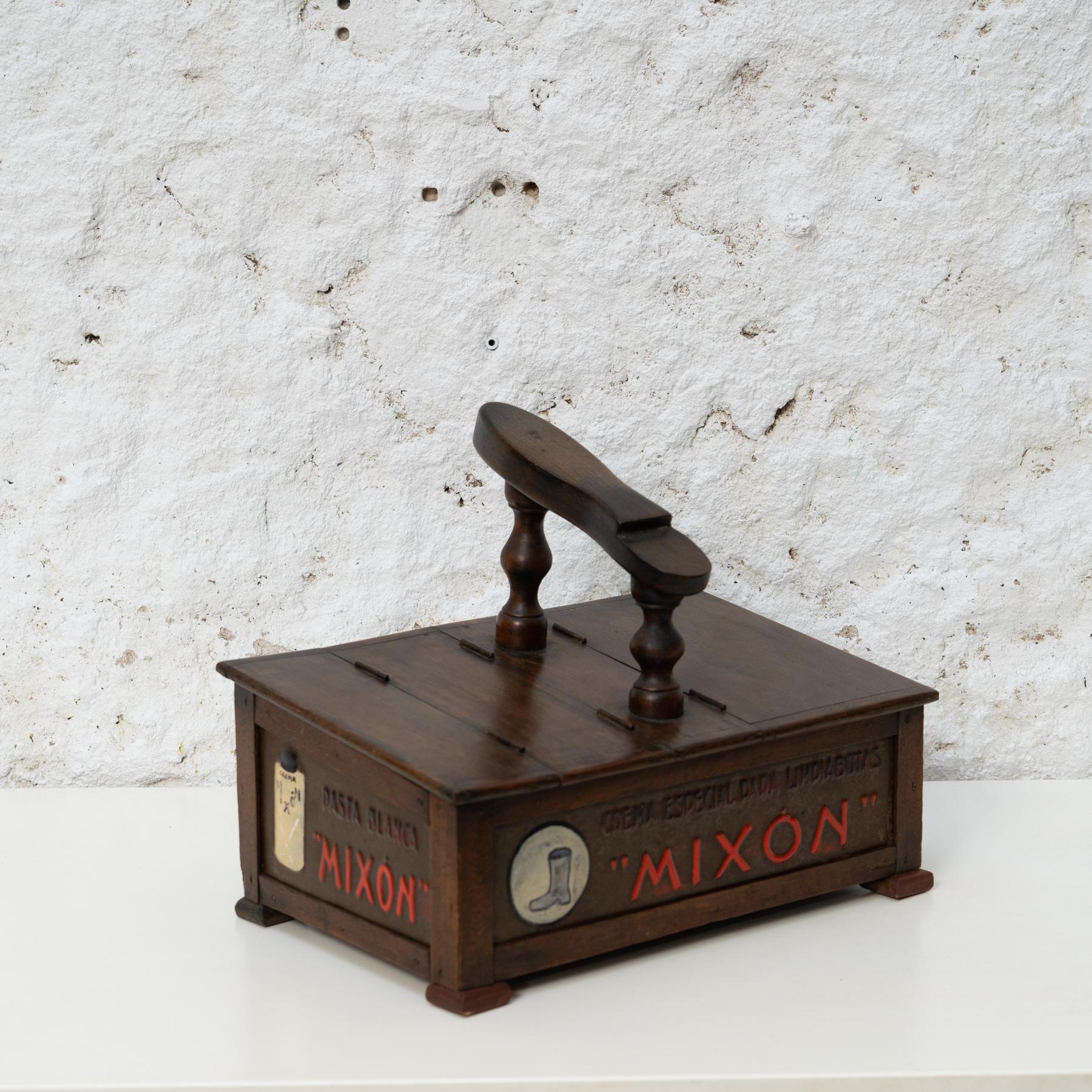 Mid-Century Modern Nostalgic Craft: Hand-Painted Shoeshiner Box, Wood and Metal, c. 1930