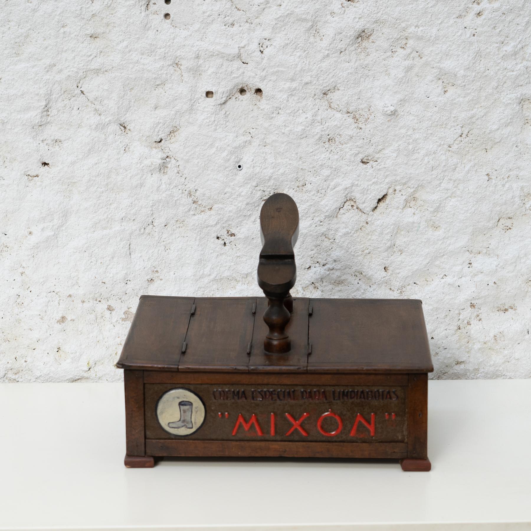 Mid-Century Modern Nostalgic Craft: Hand-Painted Shoeshiner Box, Wood and Metal, c. 1930