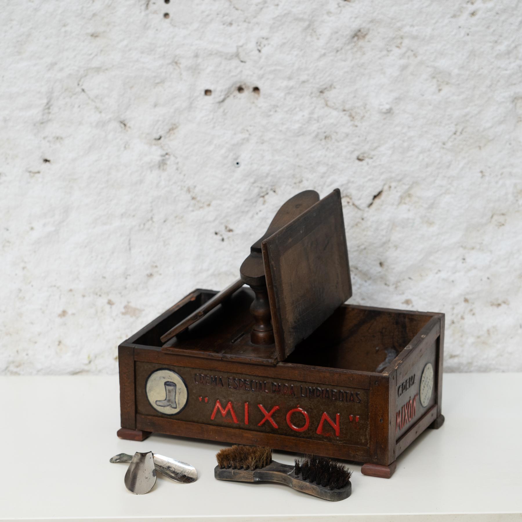 Nostalgic Craft: Hand-Painted Shoeshiner Box, Wood and Metal, c. 1930 3