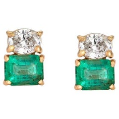Nostalgic Emerald 14K (or 18k upon request) Yellow Gold Diamond Stud Earrings