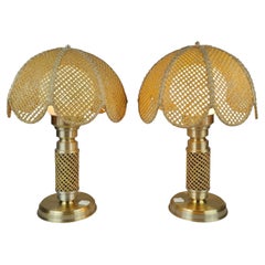 Paire de lampes de table Boho de Ker-Lux, laiton et rotin, Finlande des années 1980