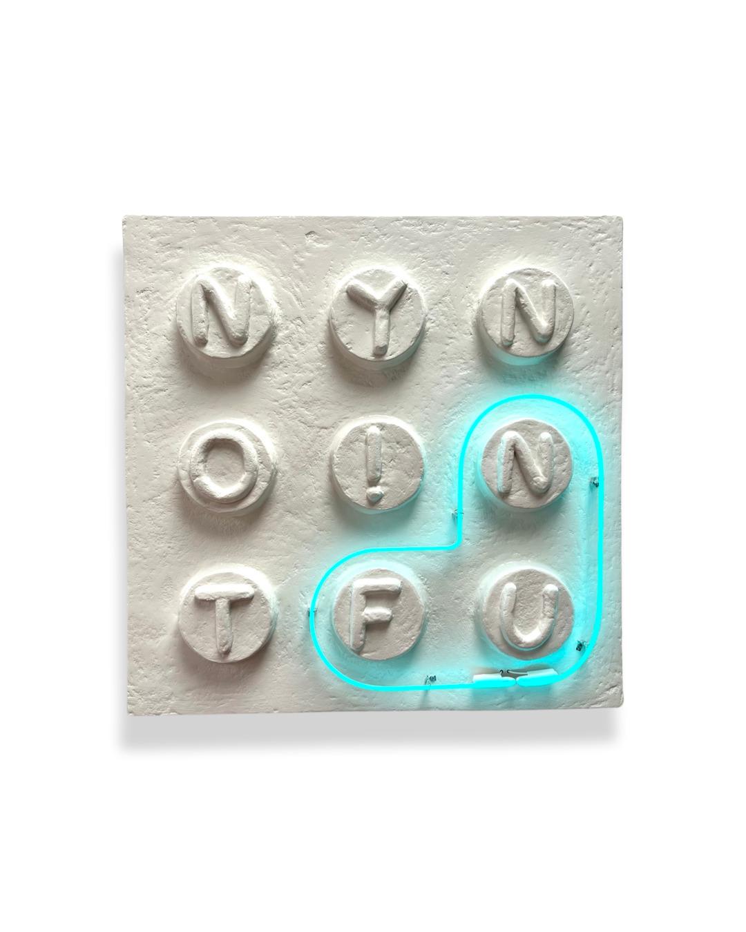 Not Funny by Brent Warr is a charged exploration of irony and emotional duality, rendered in bold sculptural form. Arranged within a square fiberglass panel, the phrase “Not Funny” encircles a central exclamation mark, creating a tense visual rhythm