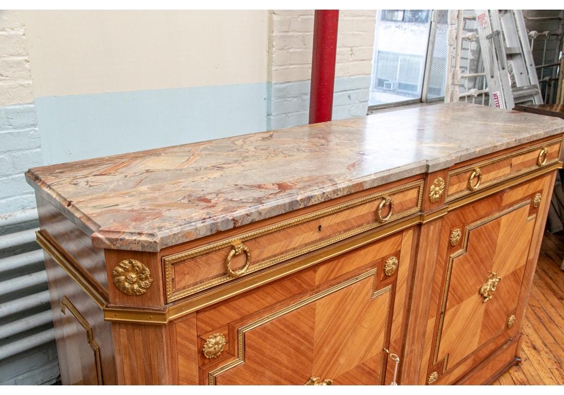 Pair of Notable Parquetry Marble Top Sideboard Cabinet For Sale 5