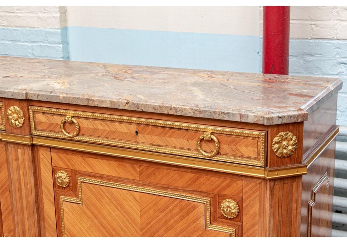 Pair of Notable Parquetry Marble Top Sideboard Cabinet In Good Condition For Sale In Bridgeport, CT