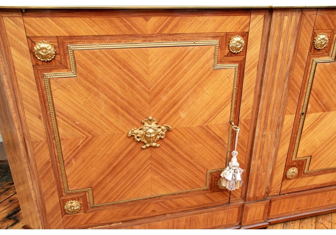 Wood Pair of Notable Parquetry Marble Top Sideboard Cabinet For Sale