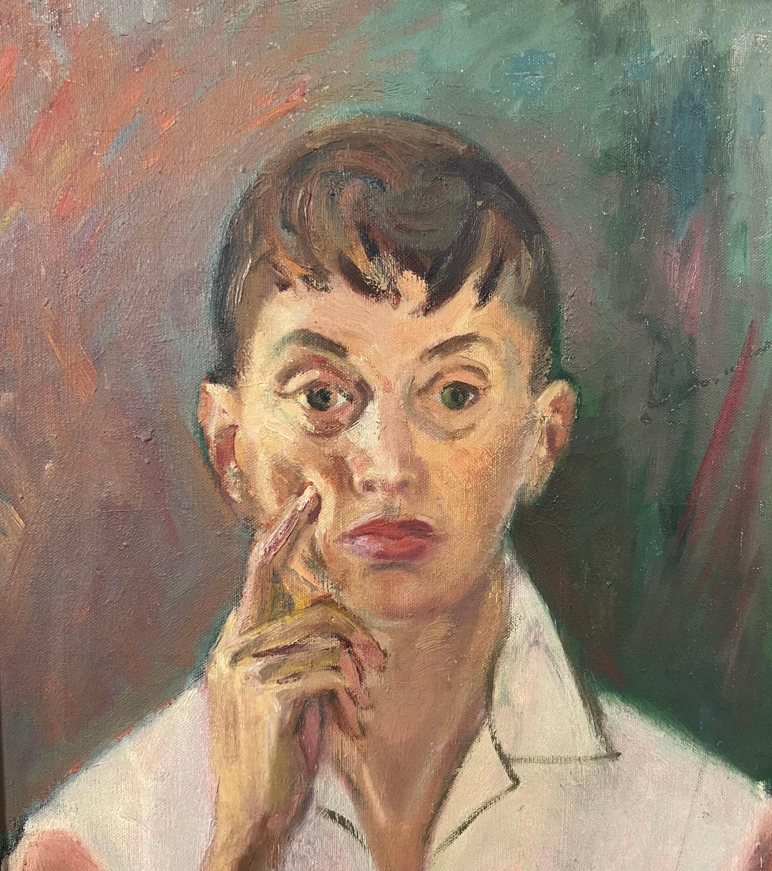 An early 1950s oil self portrait of the important American art collector Anita Kahn. Anita and her husband Arthur together amassed one of the most important collections of postwar American art in the United States. Anita had been an art student at