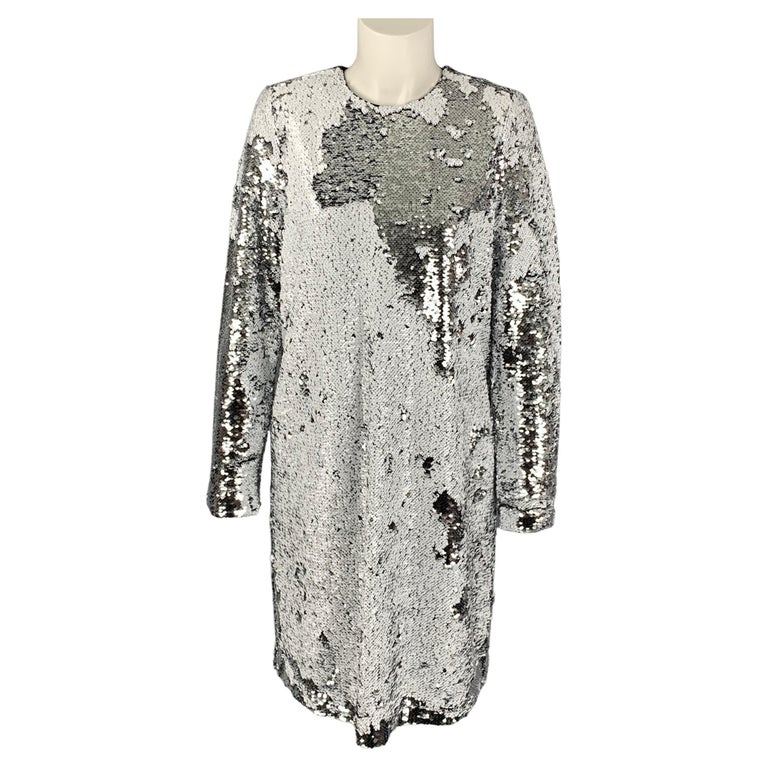 NOTES DU NORD Size S White and Silver Polyester Sequined Long Sleeve Dress  For Sale at 1stDibs