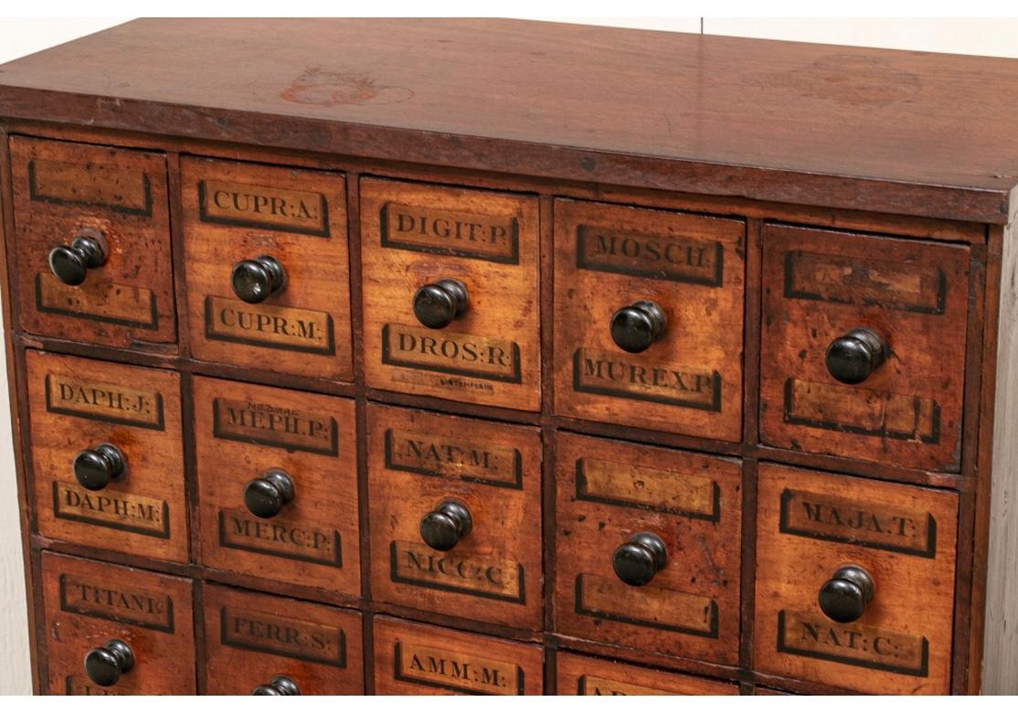 Rarely seen authentic standing apothecary cabinet. A mahogany cabinet with multiple drawers all with black painted labels on the fronts and knob pulls. Each opens to a lift off lid, compartmented insides, and some fitted with cylindrical holders for