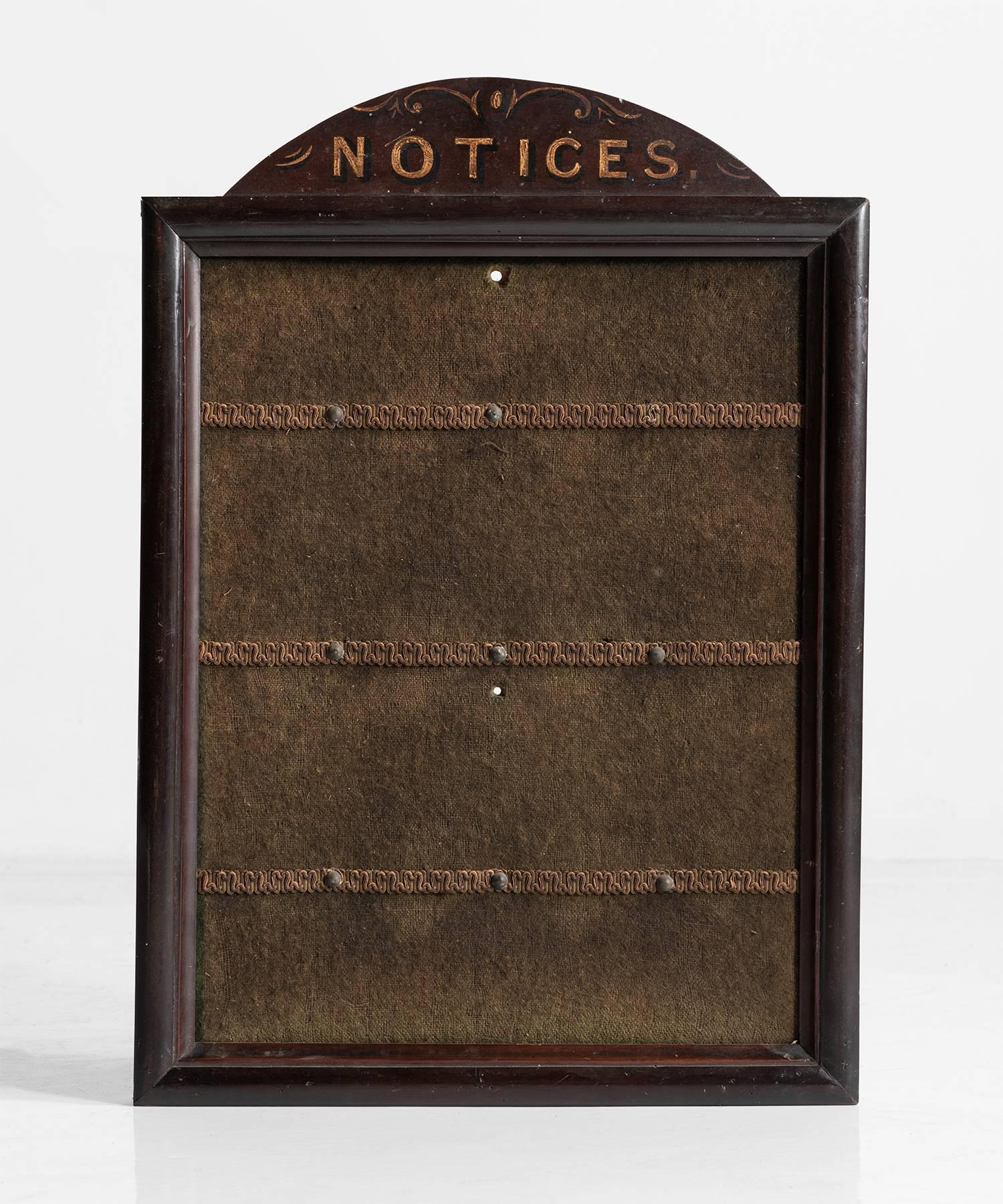 Notice board, circa 1900

Quaint board for notes features handsome wooden frame, hand-painted signage and lacing detail on green fabric.
