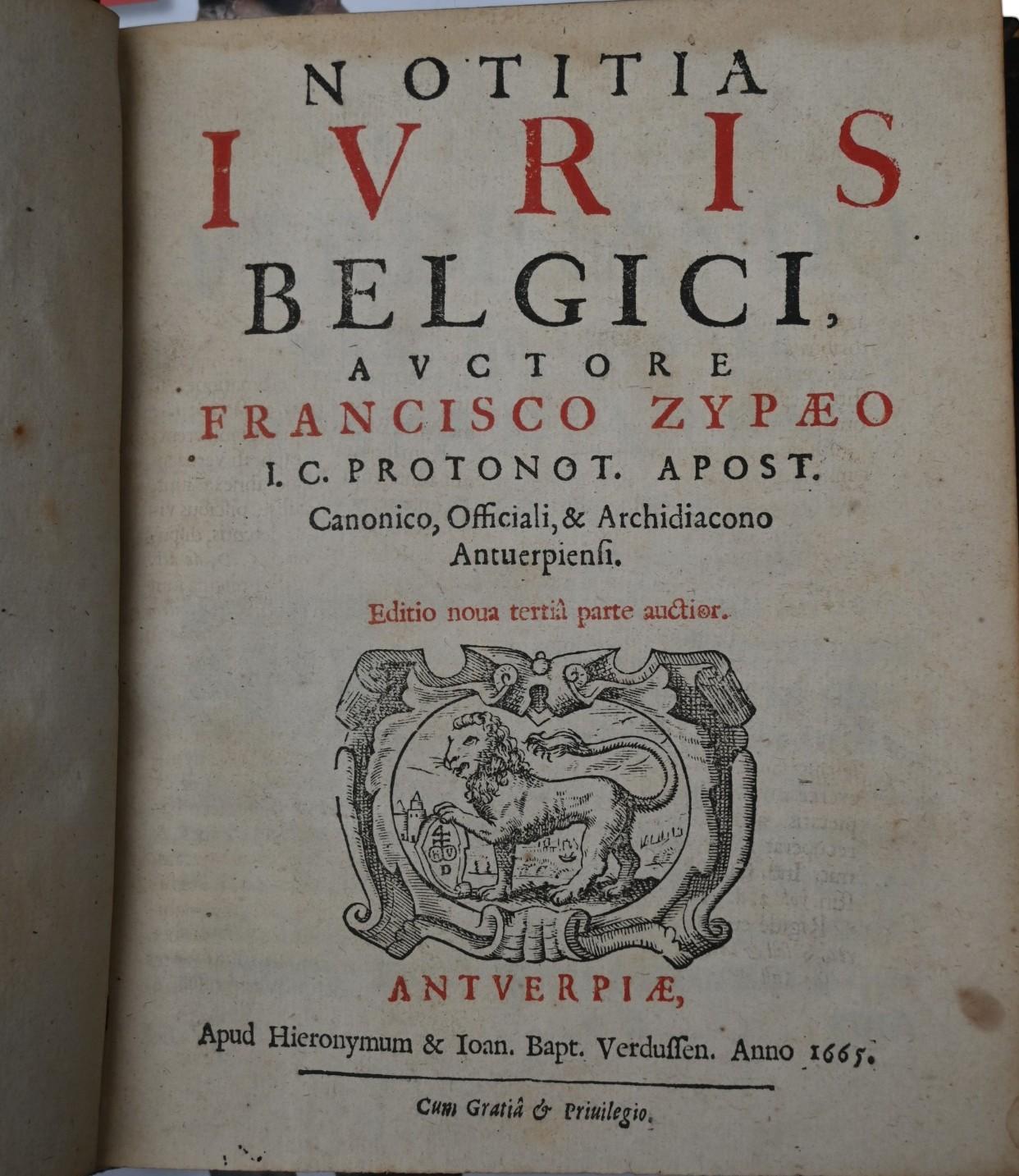 Notitia Iuris [juris] Belgici, Francisco Zypaeo, Antverpiae , 1665 im Zustand „Gut“ im Angebot in Bilzen, BE