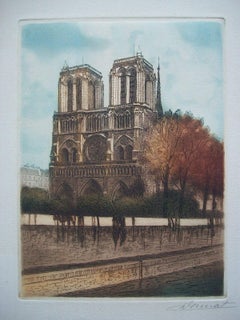 Notre Dame Cathedral - Colored Fine Art Engraving - Signed - France - Circa 1910
