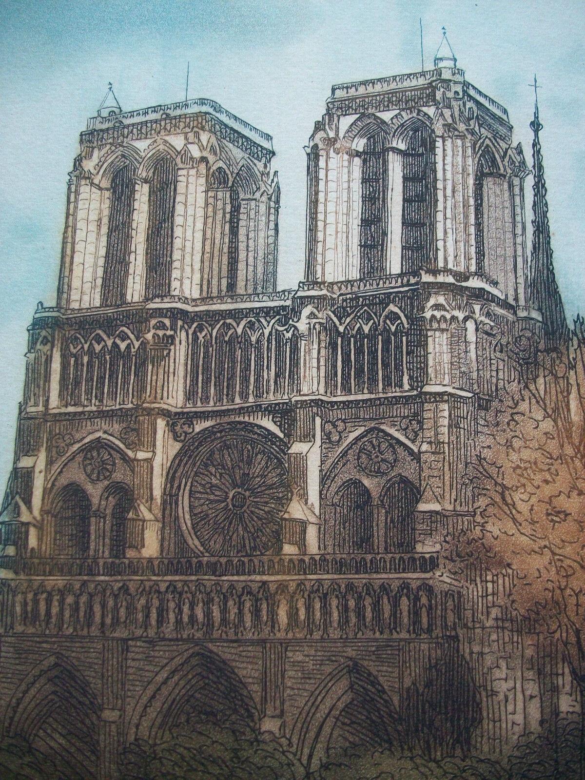 Notre Dame Cathedral - Colored Fine Art Engraving - Signed - France - Circa 1910 In Good Condition For Sale In Chatham, ON