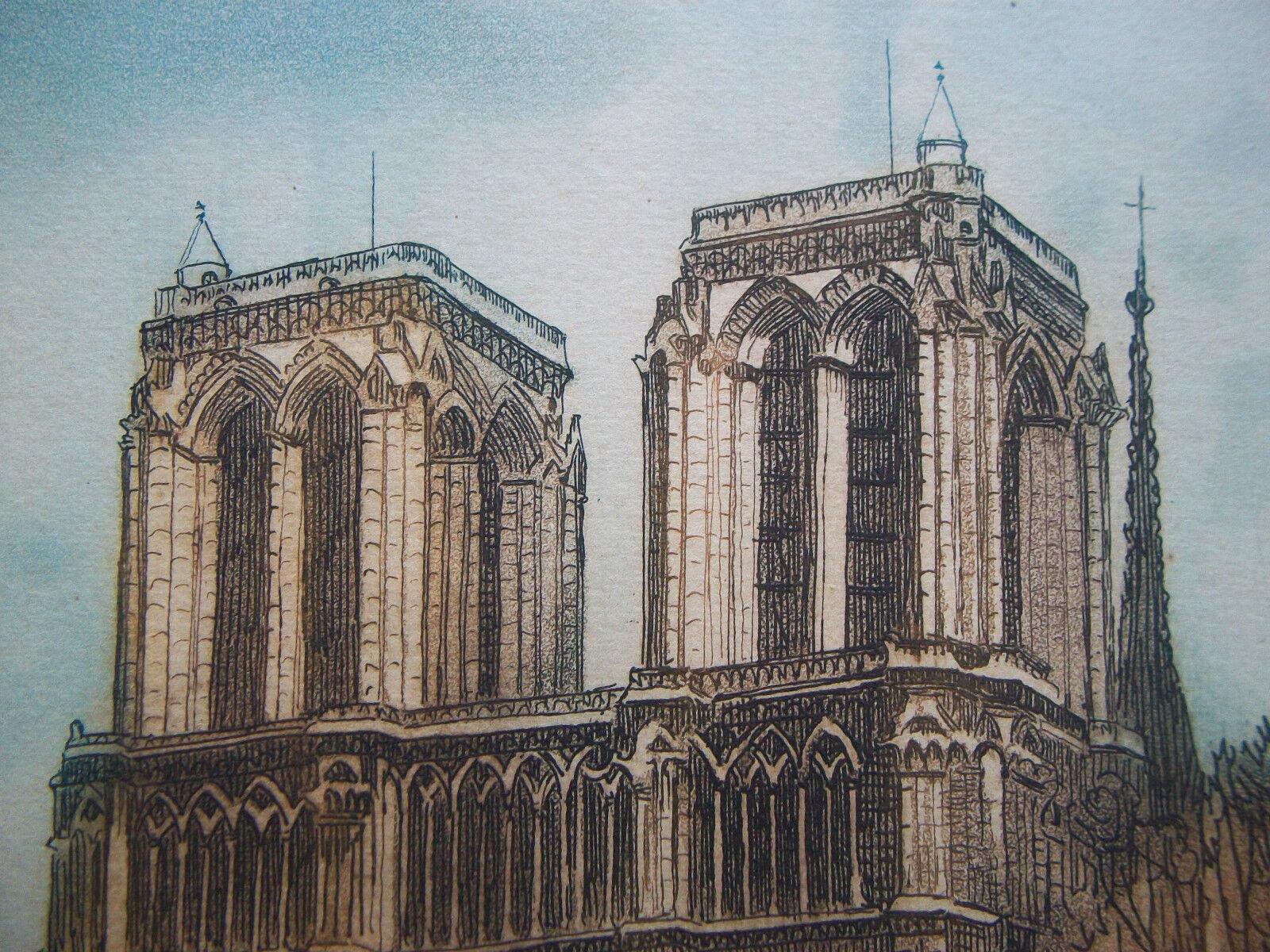 Notre Dame Cathedral - Colored Fine Art Engraving - Signed - France - Circa 1910 For Sale 1