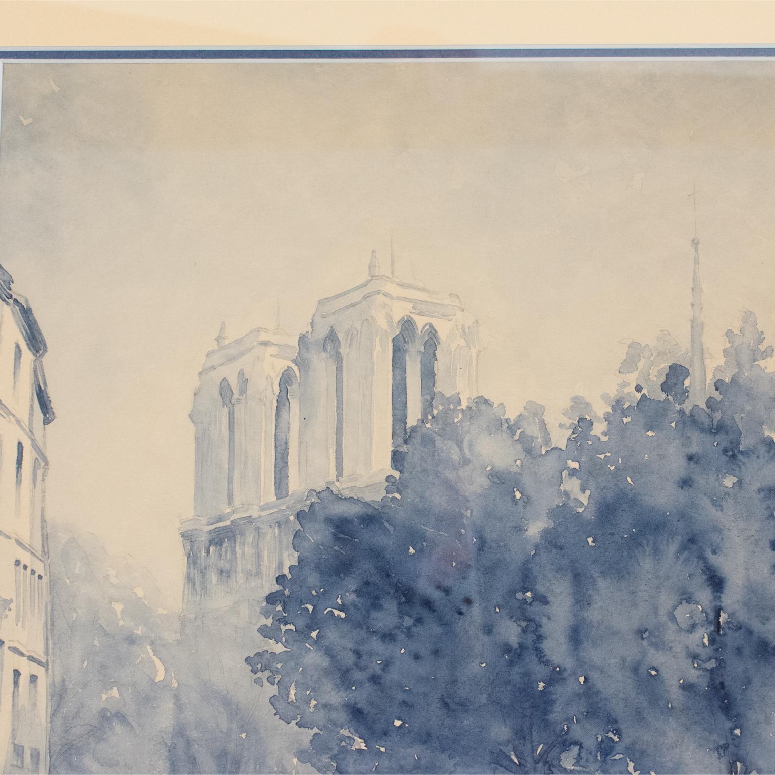Mid-Century Modern Notre Dame de Paris Cathedral by French M. Godier Blue Watercolor Painting