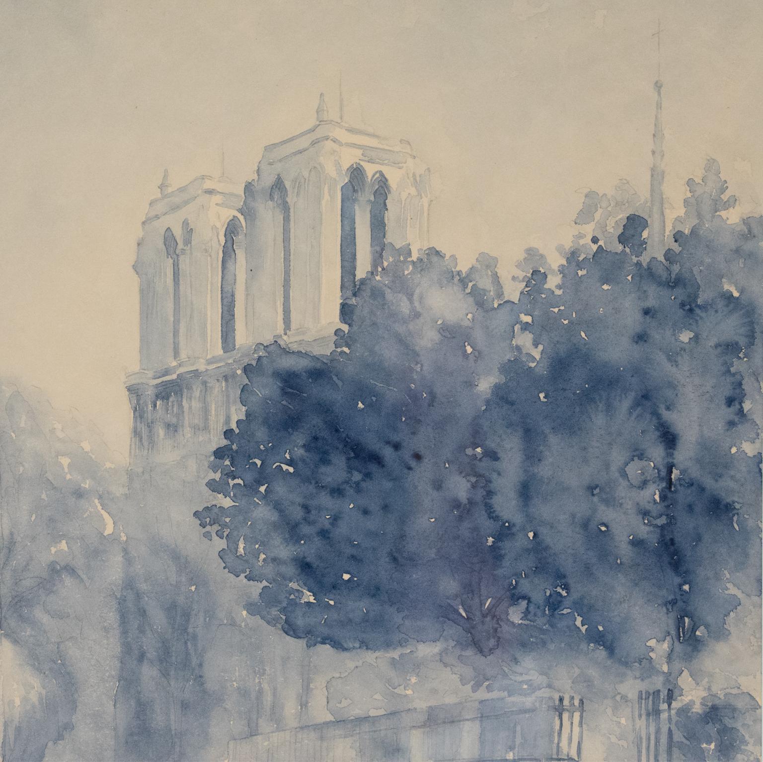 Notre Dame de Paris Cathedral by French M. Godier Blue Watercolor Painting In Excellent Condition In Atlanta, GA