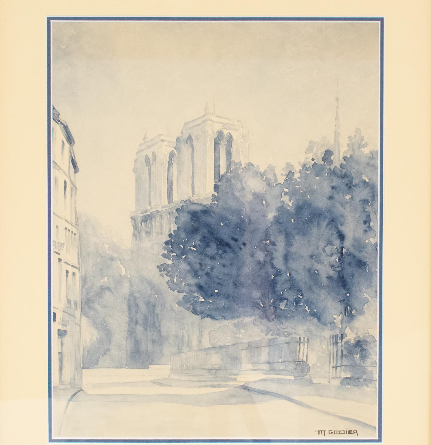 Notre Dame de Paris Cathedral by French M. Godier Blue Watercolor Painting 2