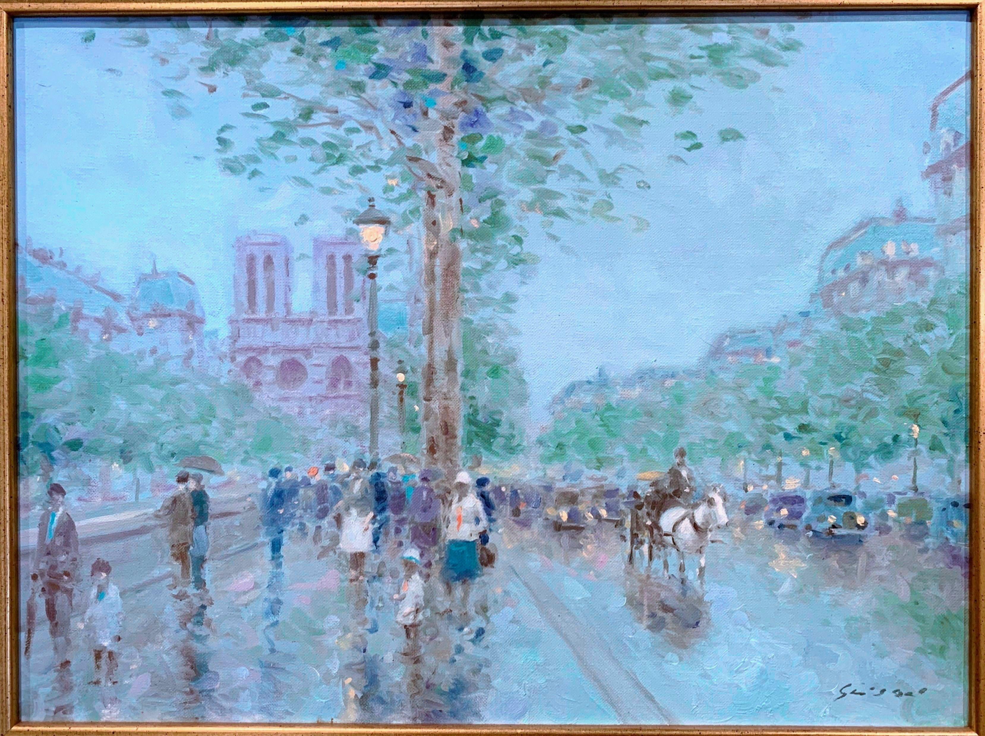 Set in a carved giltwood frame, the painting depicts one of Paris most iconic monuments, Notre-Dame; the artwork of the cathedral at dawn is signed on the bottom right corner by the artist, Andre Gisson. The oil on canvas is in excellent condition