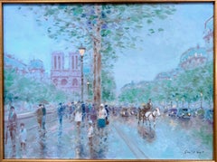 Notre-Dame de Paris Oil on Canvas Painting in Carved Gilt Frame Signed Gisson