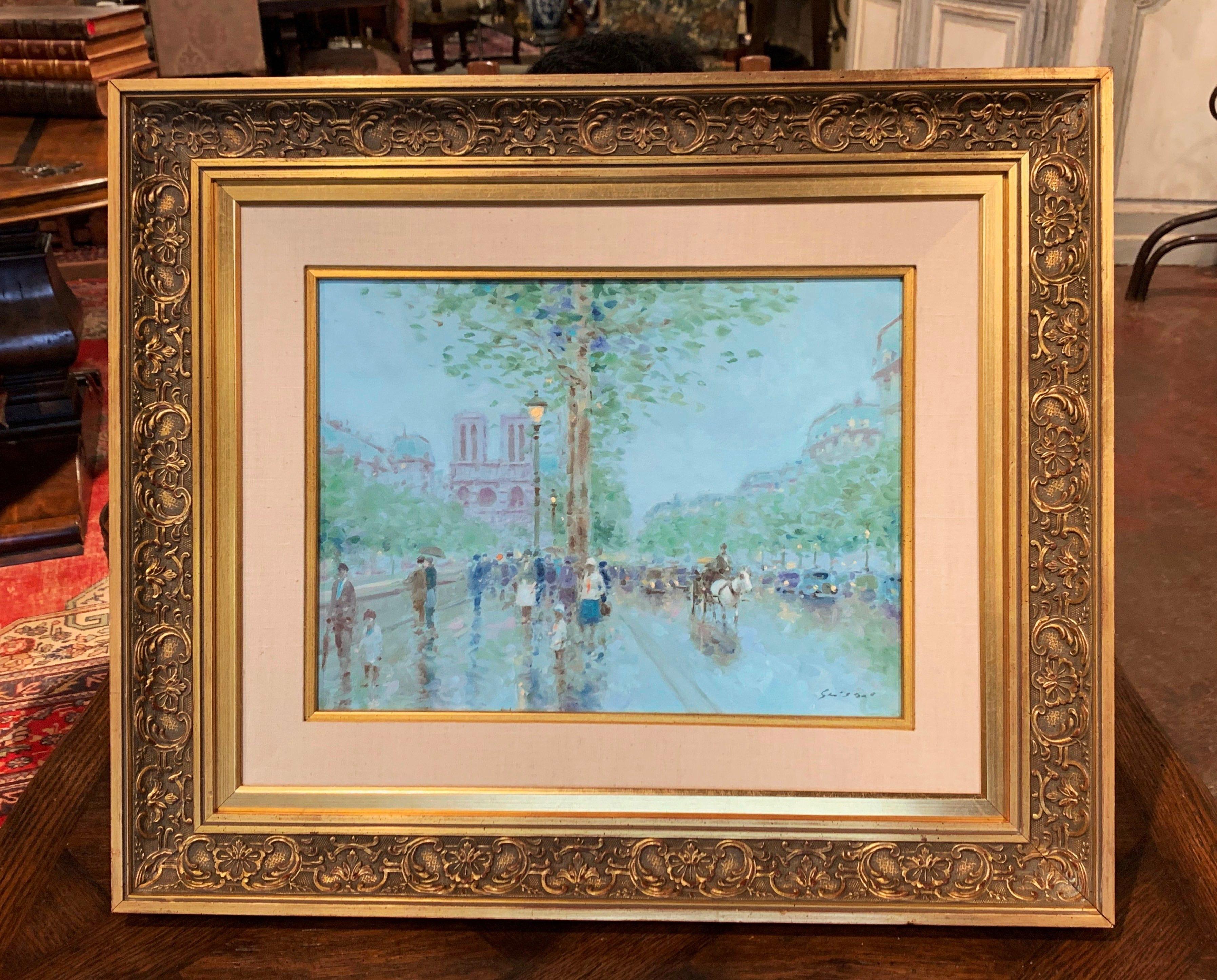 Notre-Dame de Paris Oil on Canvas Painting in Carved Gilt Frame Signed Gisson In Excellent Condition In Dallas, TX