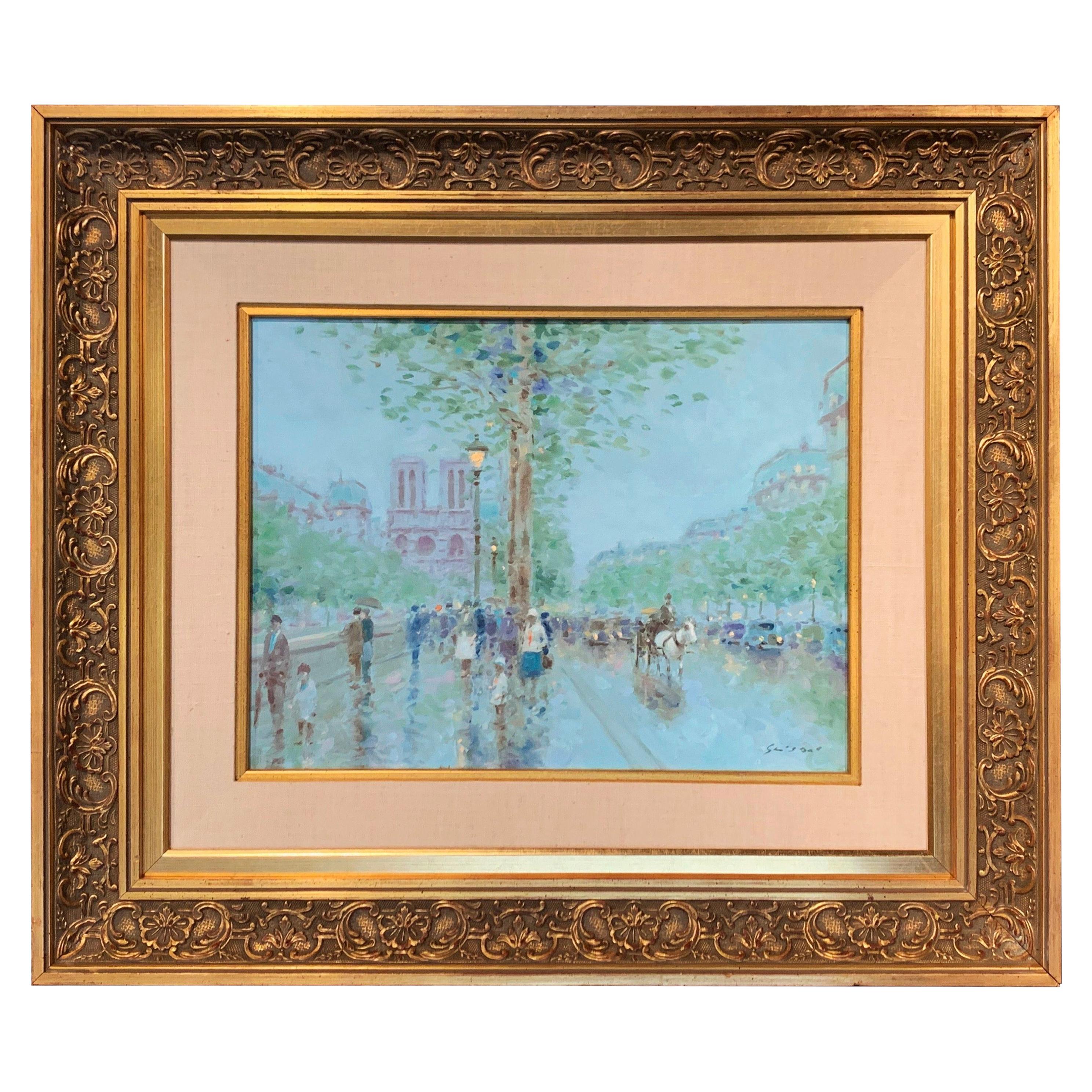Notre-Dame de Paris Oil on Canvas Painting in Carved Gilt Frame Signed Gisson