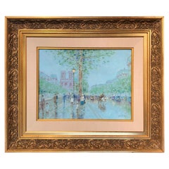 Vintage Notre-Dame de Paris Oil on Canvas Painting in Carved Gilt Frame Signed Gisson