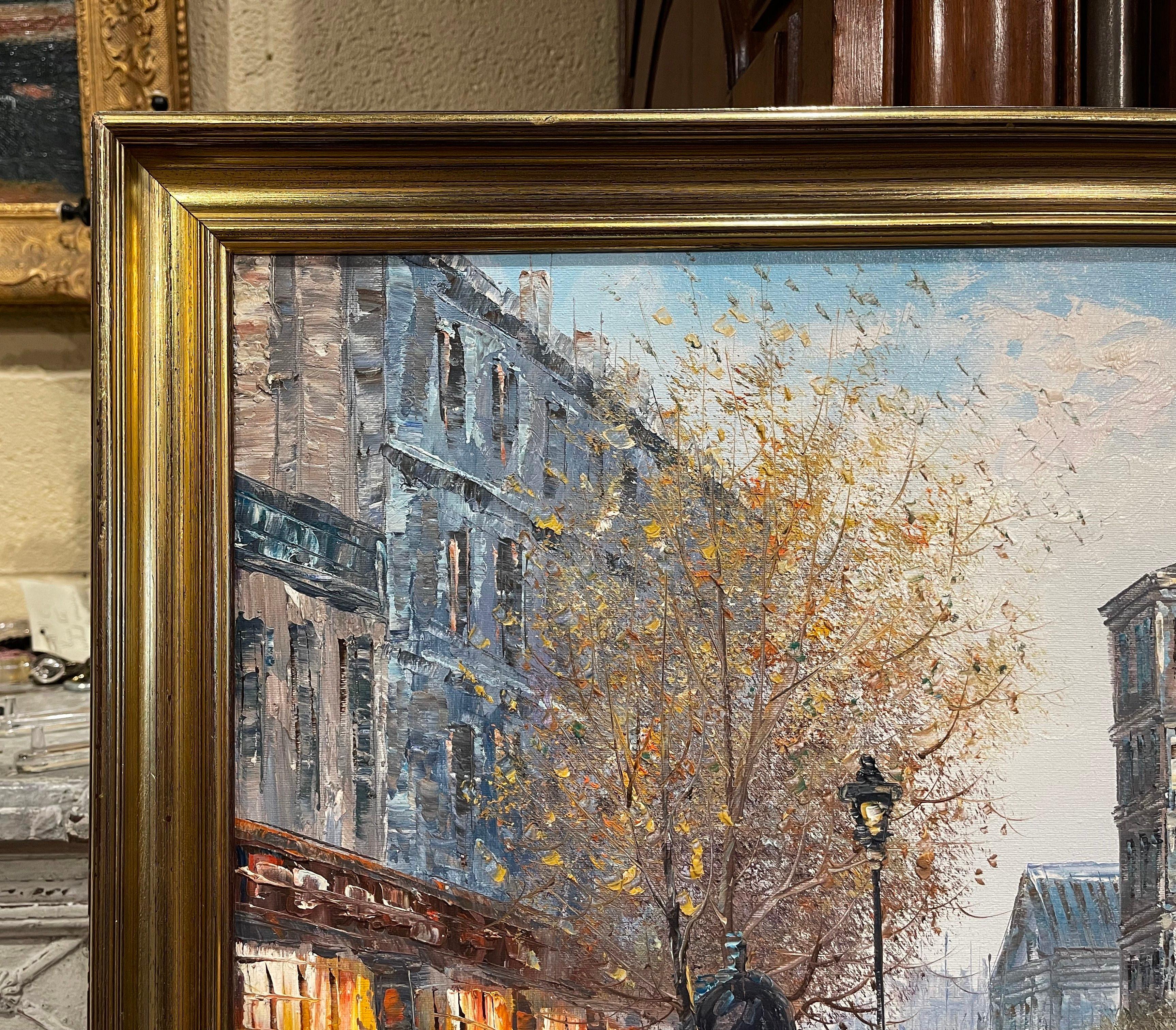 Américain Peinture à l'huile sur toile Notre-Dame de Paris dans un cadre doré signé C. Burnett