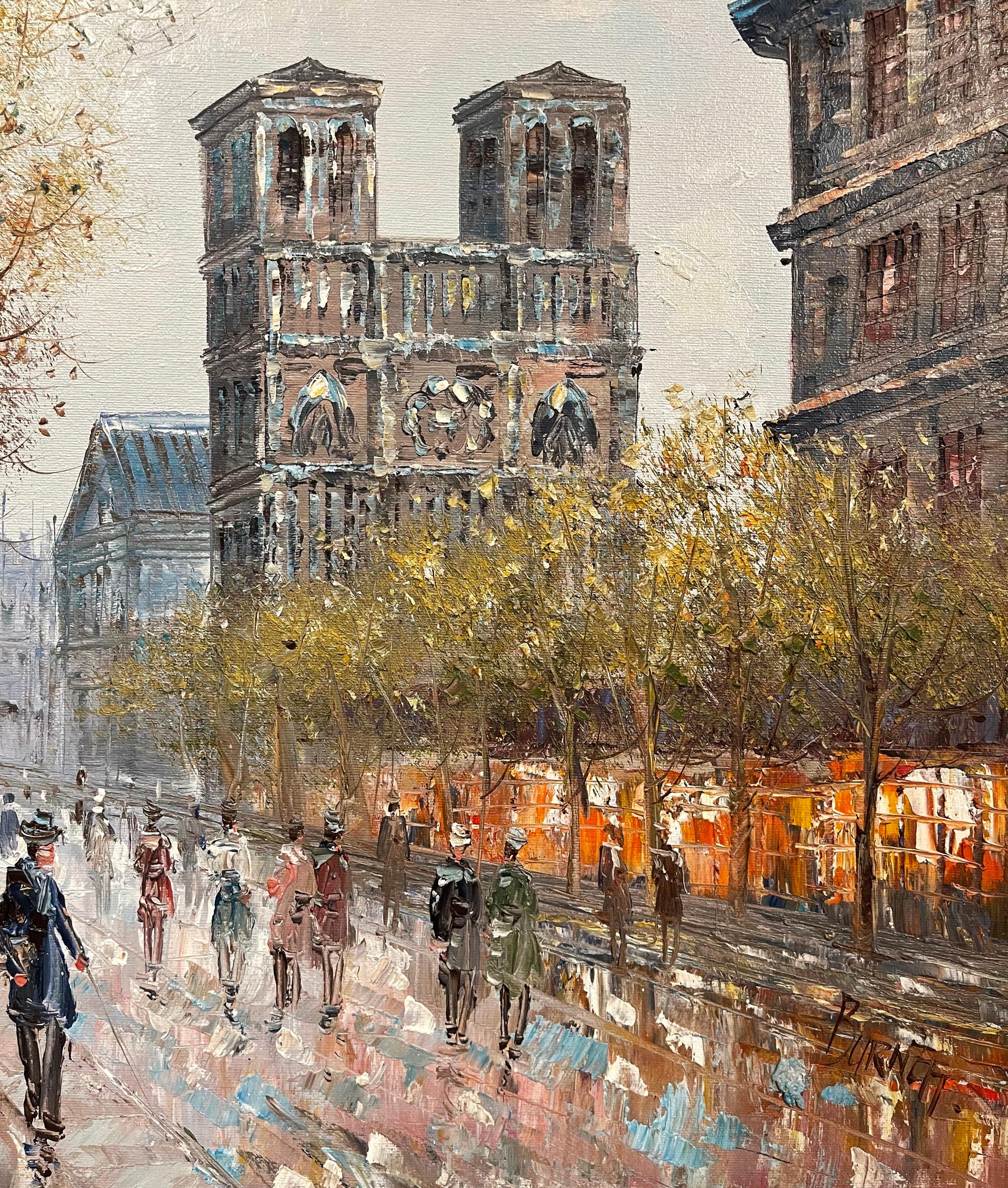 20th Century Notre-Dame de Paris Oil on Canvas Painting in Gilt Frame Signed C. Burnett