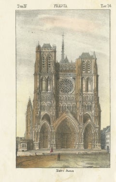 Notre Dame Gothic Cathedral Front, Hand Colored Lithograph, 1842