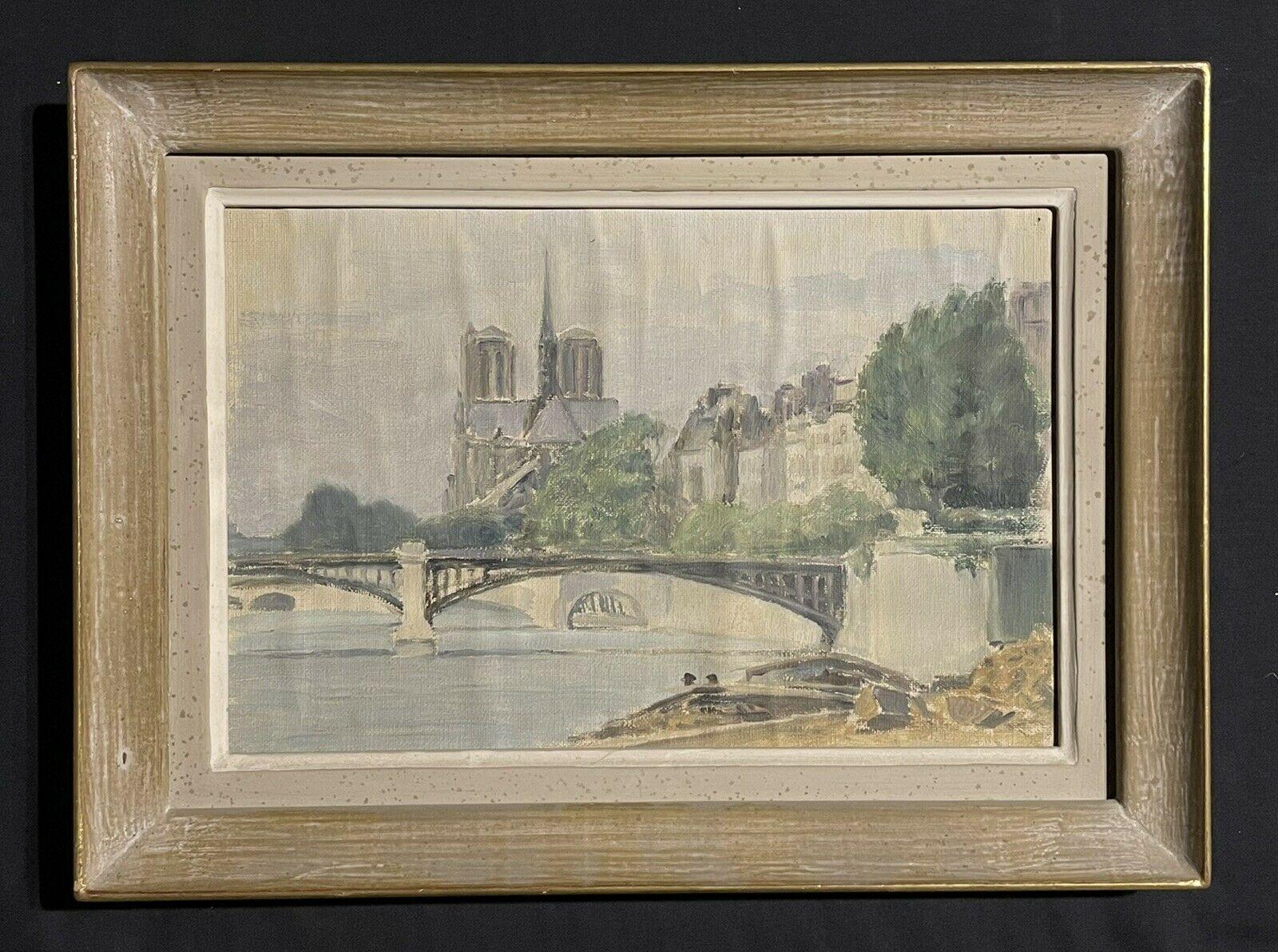 Artist/ School: French School, mid 20th century

Title: Notre Dame Paris, from the River Seine

Medium: oil painting on canvas laid to board. 

Measures: framed: 12 x 16.25 inches
painting: 8.75 x 13 inches

Provenance: private collection,