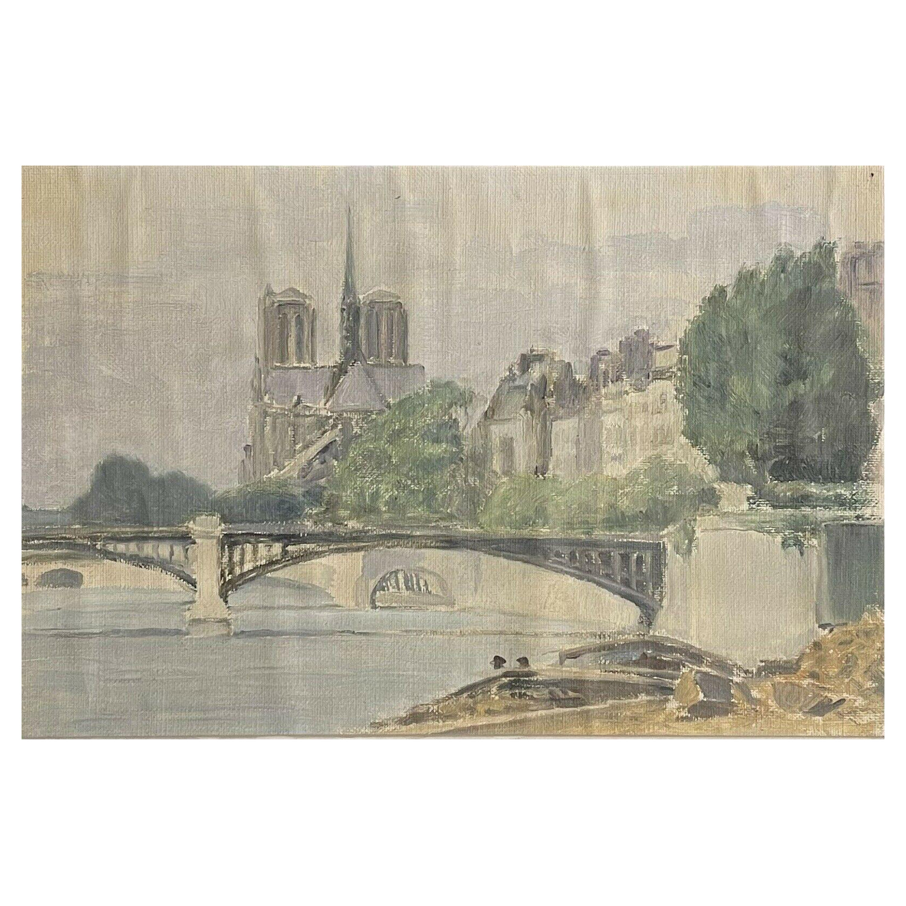 Französisches gerahmtes Ölgemälde Notre Dame Paris vom Fluss Seine, Mitte des 20. Jahrhunderts