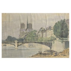 Französisches gerahmtes Ölgemälde Notre Dame Paris vom Fluss Seine, Mitte des 20. Jahrhunderts