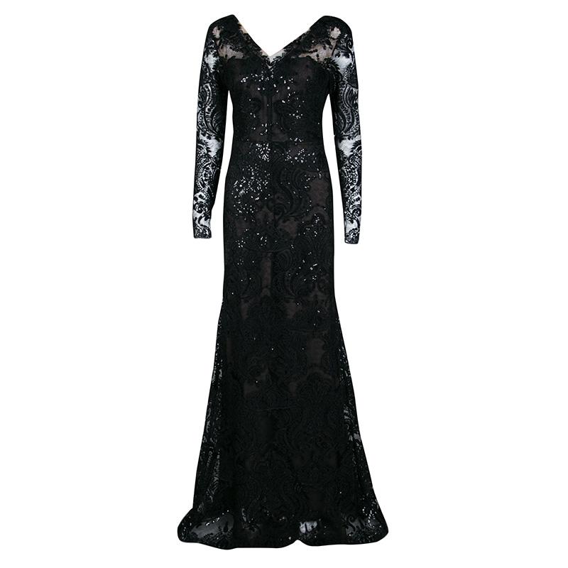 Notte By Marchesa Black Floral Applique Embellished Embroidered Tulle Gown M In Good Condition In Dubai, Al Qouz 2