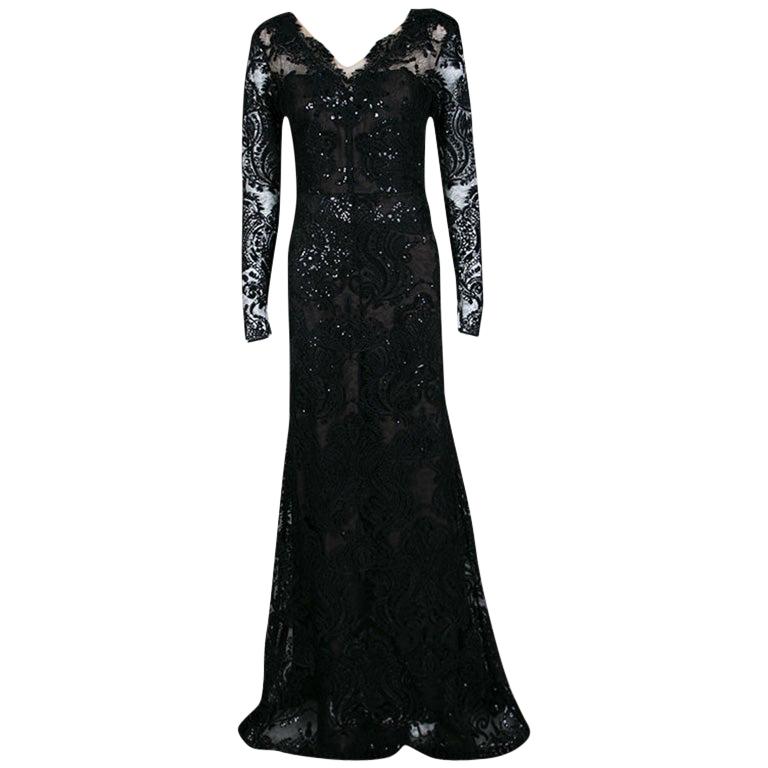Notte By Marchesa Black Floral Applique Embellished Embroidered Tulle Gown M
