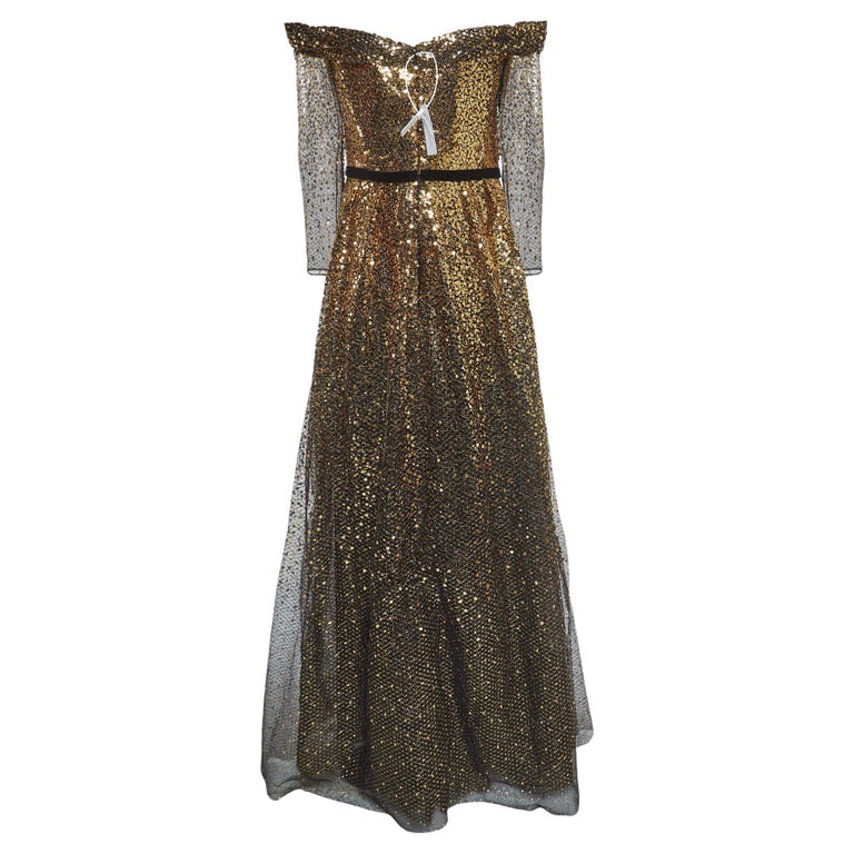 marchesa spring 2008 black and gold dress MARCHESA Spring/2009 L#3 GOLD SILK DRAPED DRESS with BLACK GHIFFON OVERLAY  EU 38 For Sale at 1stDibs