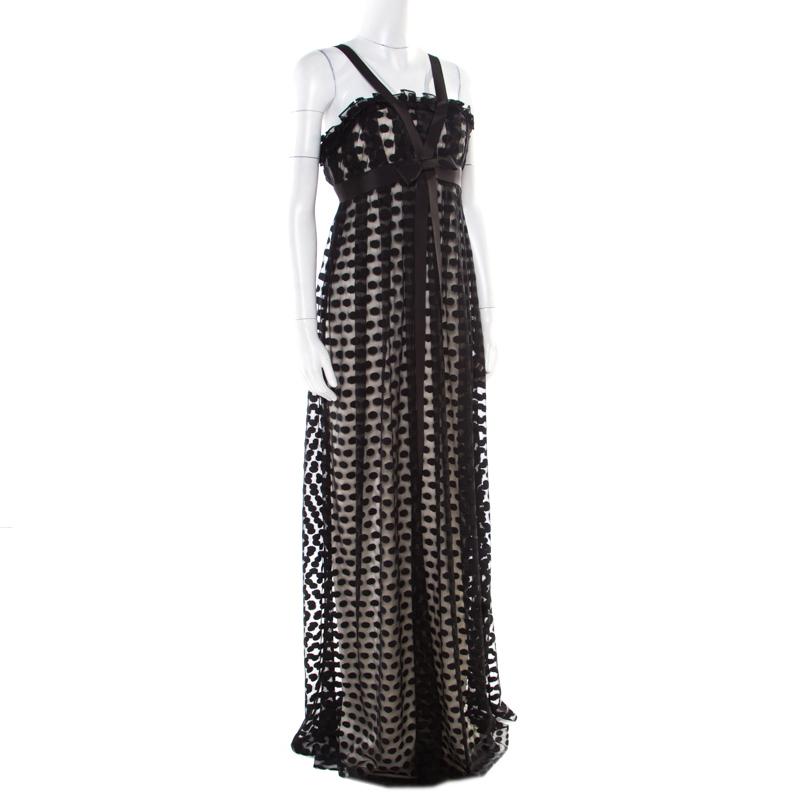 Notte By Marchesa Black Polka Dotted Tulle Bow Detail Gown M In Good Condition In Dubai, Al Qouz 2