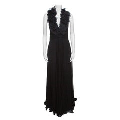 Notte By Marchesa Black Silk Chiffon Ruffle Detail Halter Evening Gown L