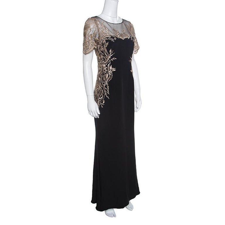 Notte by Marchesa Black Silk Lurex Floral Embroidered Evening Gown S at ...
