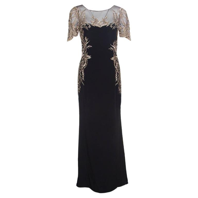 Notte by Marchesa Black Silk Lurex Floral Embroidered Evening Gown S at ...
