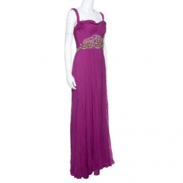Notte By Marchesa Magenta Embellished Chiffon Draped Grecian Gown S Púrpura en venta