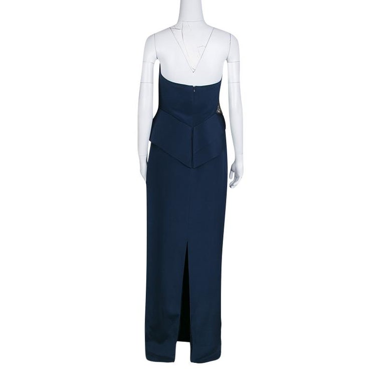 Notte by Marchesa Navy Blue Silk Embellished Strapless Peplum Gown L at ...