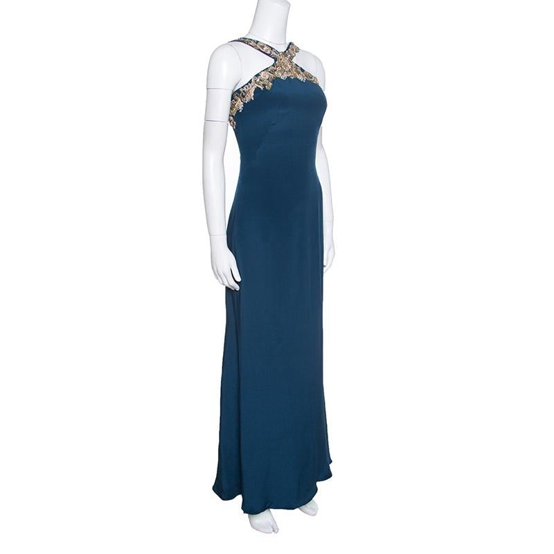 Notte by Marchesa Peacock Blue Embellished Silk Maxi Dress S For Sale ...