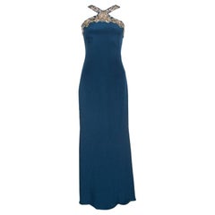 Notte by Marchesa Peacock Blue Embellished Silk Maxi Dress S