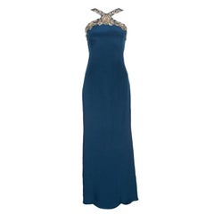Used Notte by Marchesa Peacock Blue Embellished Silk Maxi Dress S