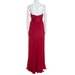 Notte By Marchesa Scarlet Silk Chiffon Pleated Bodice Strapless Gown M