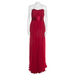 Used Notte By Marchesa Scarlet Silk Chiffon Pleated Bodice Strapless Gown M